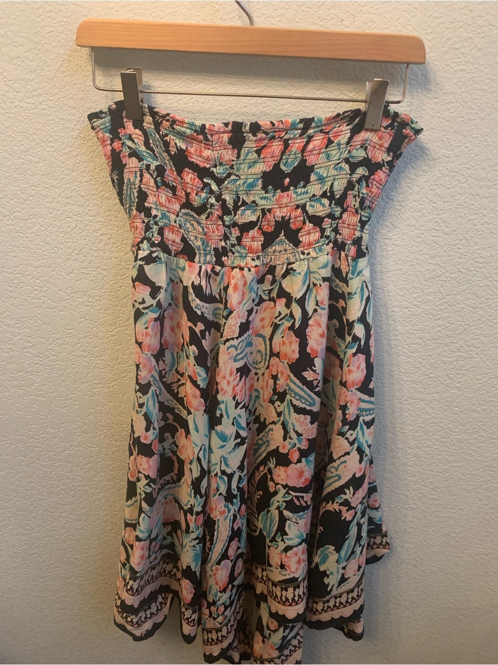 Billabong Black Floral Smocked Waist Circle Skirt with Pink & Teal Flowers